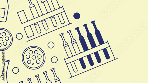 Blue line art science equipment on pale yellow background