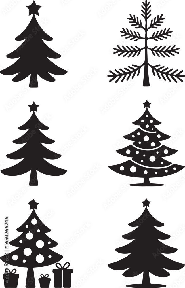 Obraz premium Festive Christmas tree silhouettes with gifts and stars