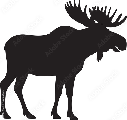 Black silhouette of a male moose with large antlers on a white background animal wildlife