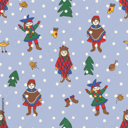 Seamless Pattern of Sami People in Traditional Clothing with Winter Symbols on Blue Background