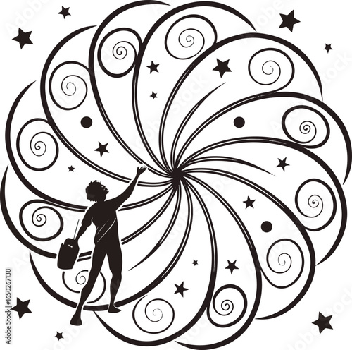 Person Reaching for Swirling Stars and Cosmic Design - Abstract Art Illustration