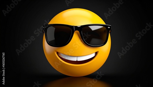 Yellow smiley face emoji with wide toothy grin and black sunglasses, set against dark background. Radiates coolness, confidence, and laid-back digital style with bold simplicity.