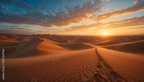 Golden desert sunset casts long shadows over endless rippling sand dunes with a single path of footprints