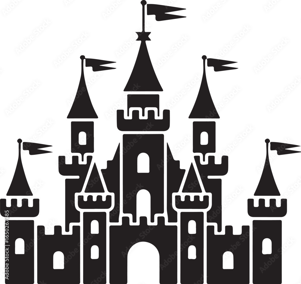 Obraz premium Majestic fantasy castle silhouette with flags atop towers