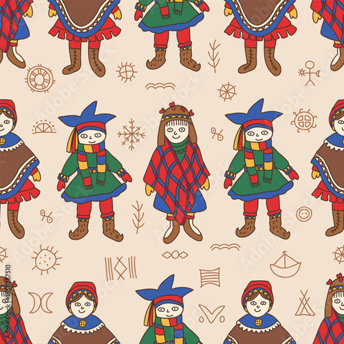 Seamless Pattern of Sami People in Colorful Traditional Clothing with Folk Symbols on Beige Background
