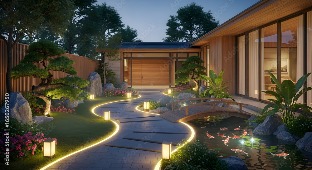 Obraz premium Japanese Garden Path with Koi Pond and Soft Evening Lighting