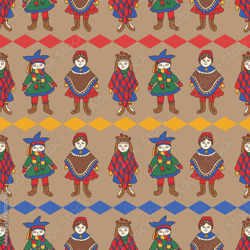 Seamless Pattern of Sami People in Traditional Clothing with Colorful Diamond Motifs on Brown Background