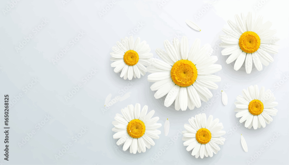 Fototapeta premium Elegant White Daisies with Yellow Centers Scattered on Soft Background, Clean Look