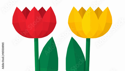Firefly Two vibrant tulip flowers, one red and one yellow, standing tall with green stems on a white background.