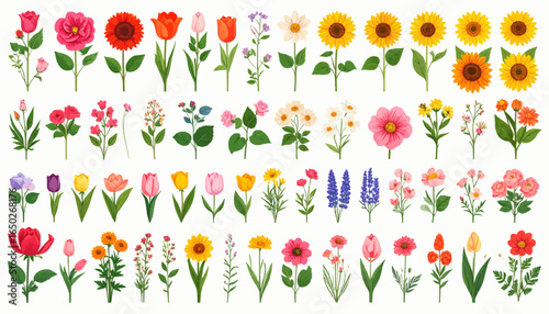 Flat Vector Assorted Flowers A Sheet of Neat Rows with Spacing for Floral Designs