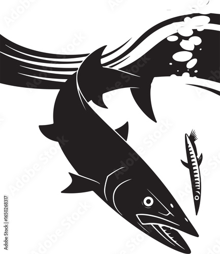 Predatory barracuda hunts small fish underwater with waves