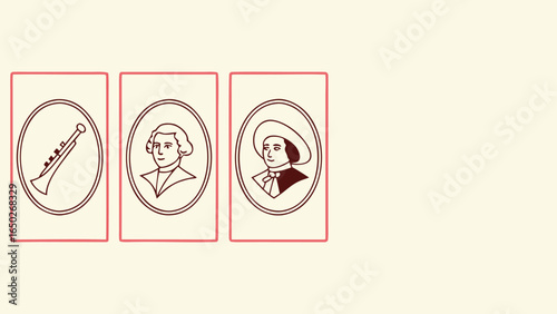 Three oval portraits of historical figures and a musical instrument