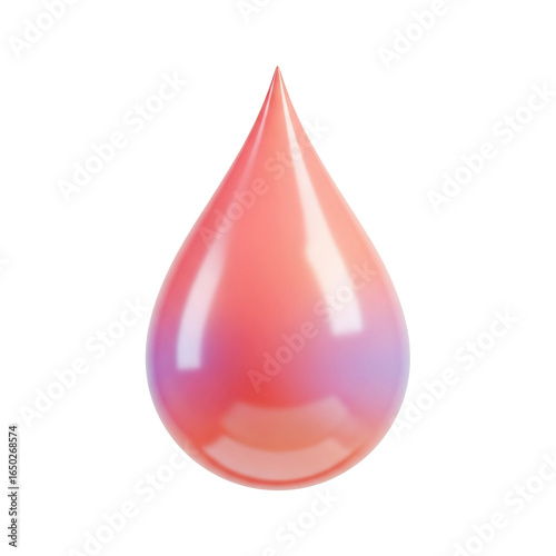 A single glossy teardropshaped droplet with an iridescent pink and purple sheen.