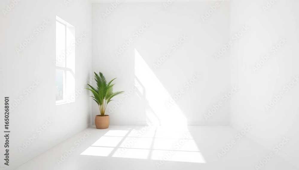 Fototapeta premium Sunlit white studio corner, minimalist backdrop, blank, space