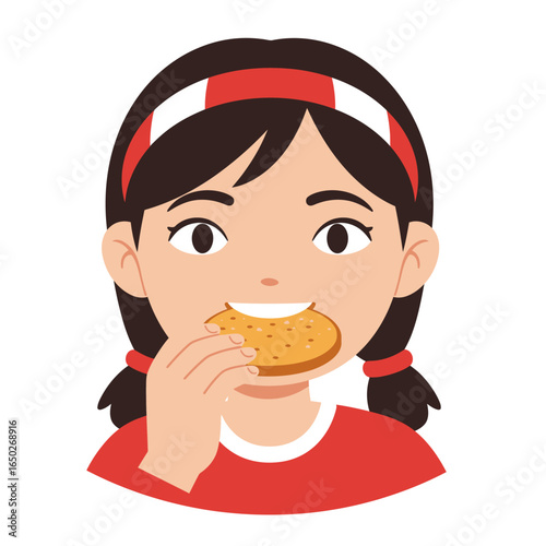Cute cartoon girl with dark pigtails and a red headband eating a round cookie.