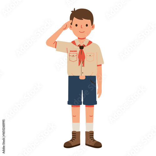 Friendly cartoon boy scout in a beige uniform and blue shorts giving a respectful salute.