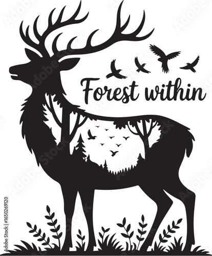 Majestic deer silhouette with forest and birds inside