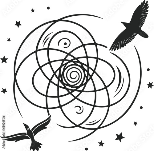 Abstract Cosmic Spiral with Flying Birds and Stars Illustration
