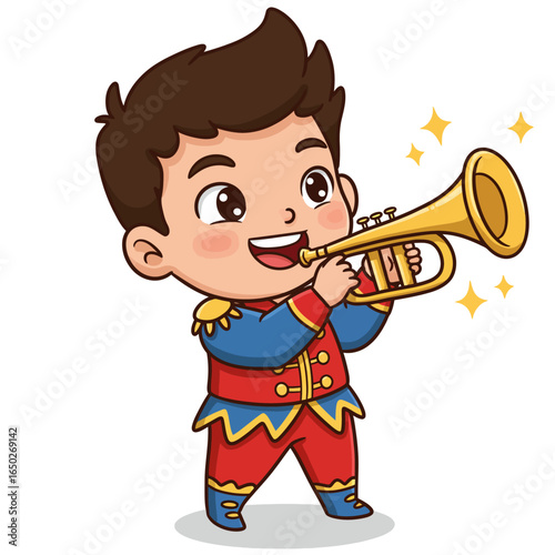 Joyful cartoon boy in a colorful band uniform happily playing a sparkling golden trumpet.