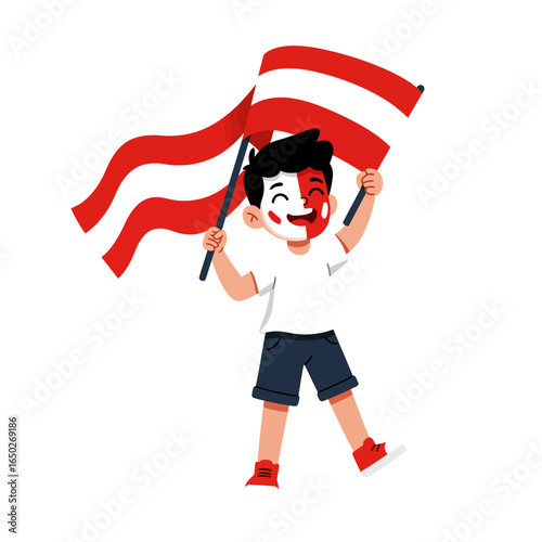 Joyful cartoon boy with Austrian flag face paint waving the national banner of Austria.