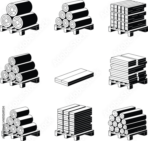 Wooden pallets with lumber, timber planks, logs, industrial storage, building materials, construction supplies, stacked wood products, packaging, flat vector illustration