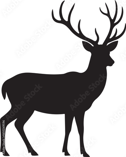 Black silhouette of a stag deer with large antlers on white background animal wildlife