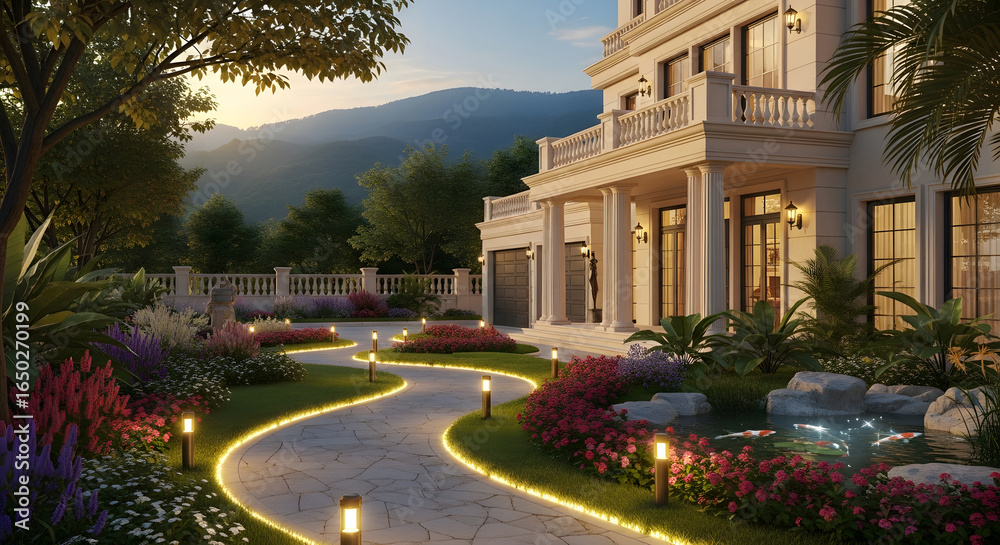 Fototapeta premium Luxury Home Garden with Stone Path and Sunset Light