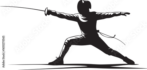 Fencer in action poised for attack sharp focus determination