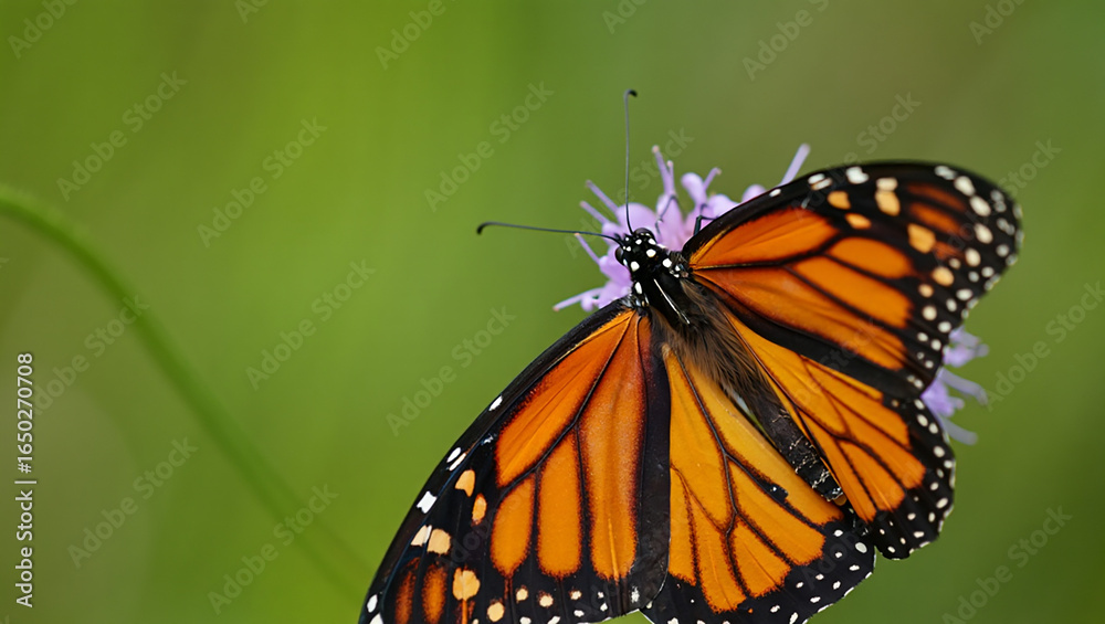 Fototapeta premium Monarch butterfly feeding on a pink milkweed flower in a meadow
