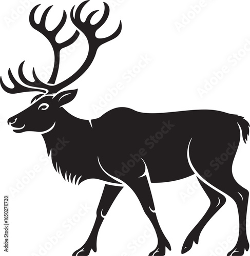 Black Silhouette of a Male Reindeer with Large Antlers Walking caribou animal