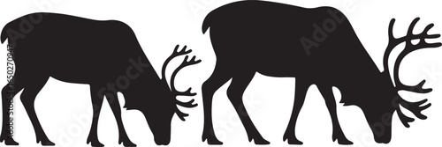 Two Black Reindeer Silhouettes Grazing With Antlers Side By Side On White caribou animal