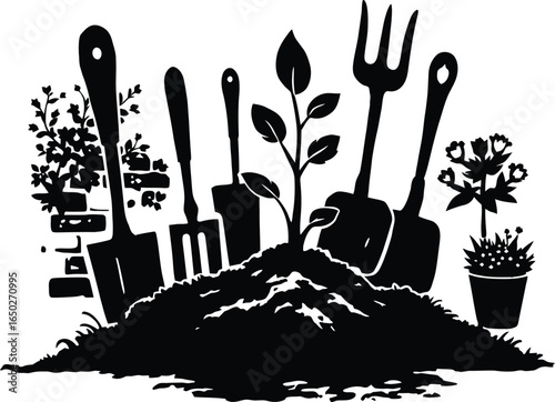 Gardening tools and seedling vector illustration for garden supplies and planting projects design concept