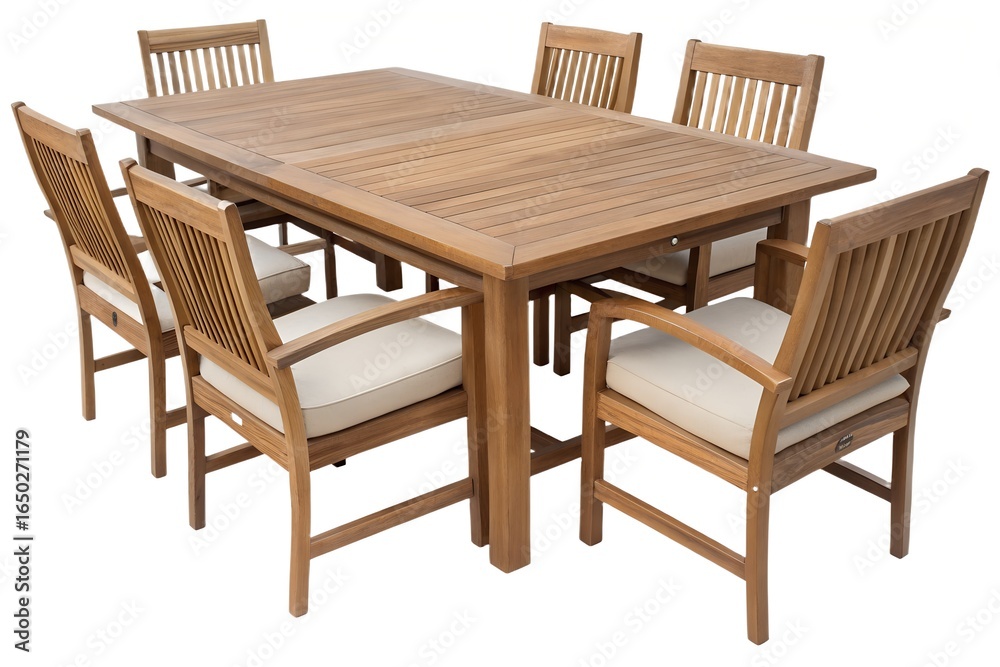 Wooden outdoor dining set with six chairs on a plain background Wooden outdoor dining set with six chairs on a plain background