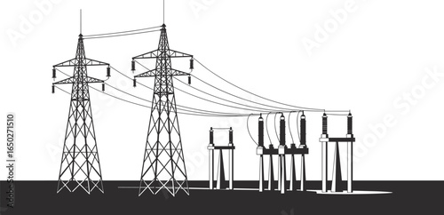 High voltage electricity pylons, power transmission lines, electrical substation, energy infrastructure, industrial utility poles, electric grid network, silhouette icons, flat vector illustration