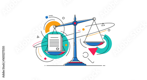 Modern abstract scales of justice with documents and abstract shapes symbolizing balance and law