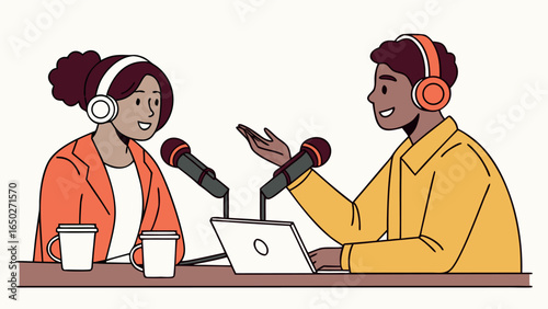 African American man and woman engage in a vibrant discussion using microphones and laptop