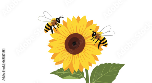 Two bees buzz around a vibrant sunflower, symbolizing nature's harmony and summer's golden days.