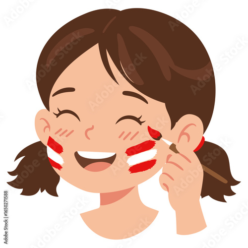Joyful cartoon girl with pigtails painting a red and white flag on her cheek with a brush.