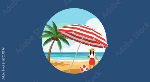 Charming woman enjoying a sunny beach day under a striped umbrella with a palm tree.