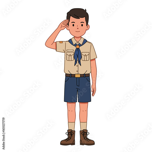 Young Boy Scout Cartoon Illustration Saluting in Full Uniform with Blue Scarf.