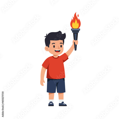 Young cartoon boy in a red shirt and blue shorts proudly holding a flaming torch aloft.