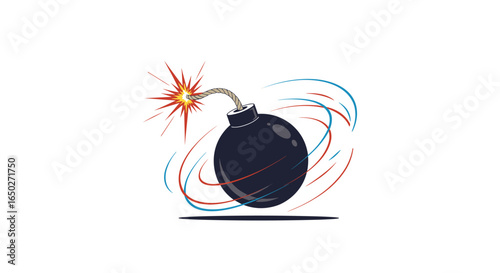 Dynamic bomb about to explode with fiery fuse and swirling energy streaks creating impact