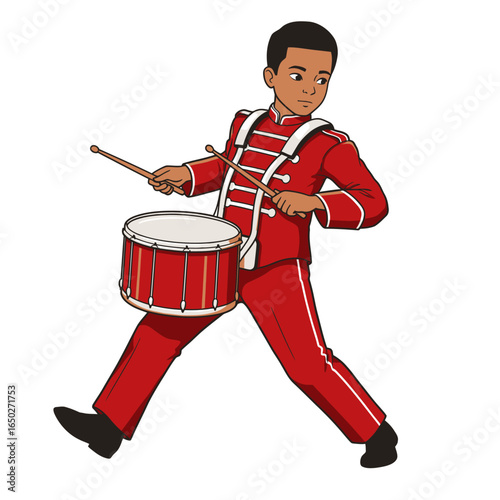 Young drummer boy in a red marching band uniform playing a snare drum while marching.