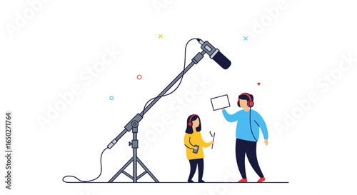 Creative duo captures authentic audio with boom mic and tablet for podcast or film production