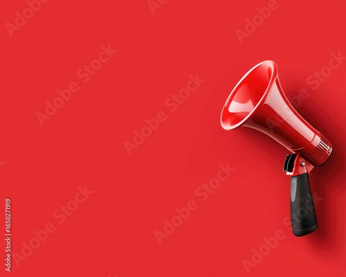 A vibrant red megaphone casts a shadow on a matching red background, positioned diagonally. 