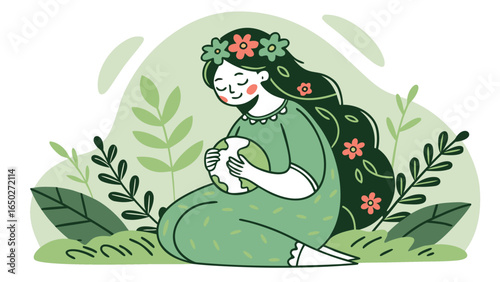 Green clad woman embraces Earth tenderly while seated among plants and foliage