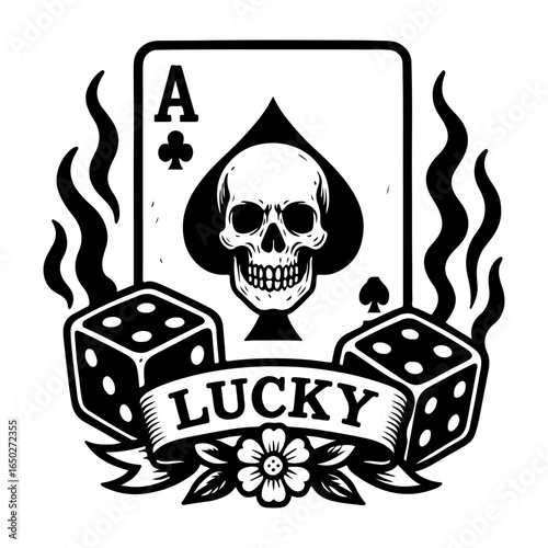 Isolated ace of spades card displays a human skull with dice and smoke