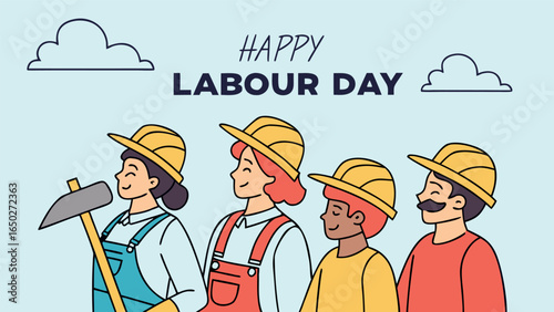 Happy labour day is celebrated by a diverse group wearing overalls and yellow hats
