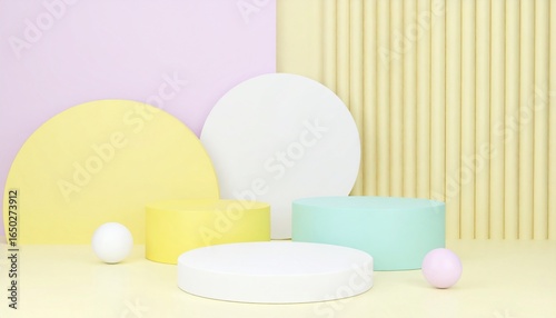 Minimalist 3D rendering of display podiums and abstract shapes for product presentations