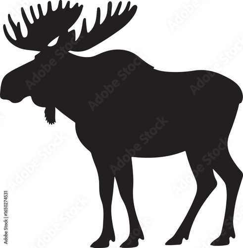 Black silhouette of a moose with large palmate antlers on a white background animal wildlife